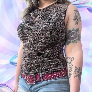 vtg y2k mcbling boho chic whimsygoth app ruched micro mesh top, sz sm, cut tag